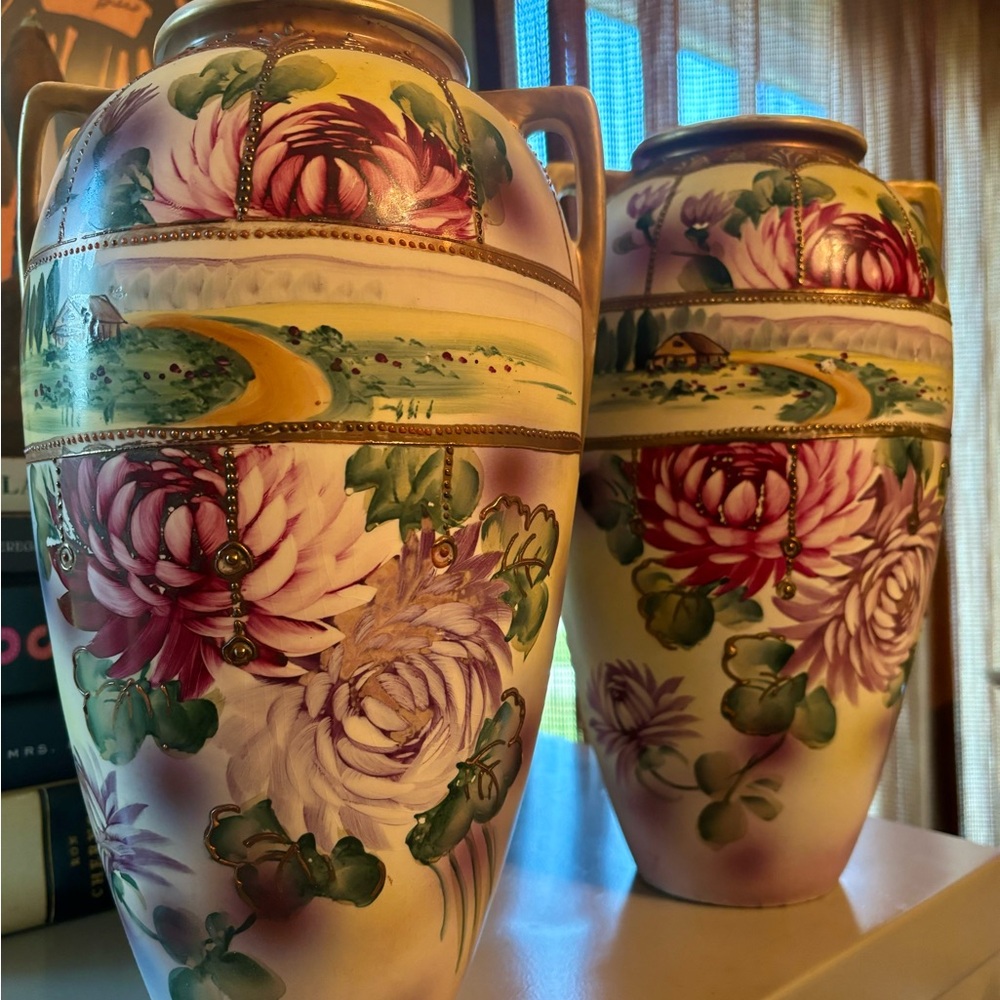 Antique Royal Nippon vases (2) with 2 handles each. Hand painted floral detail